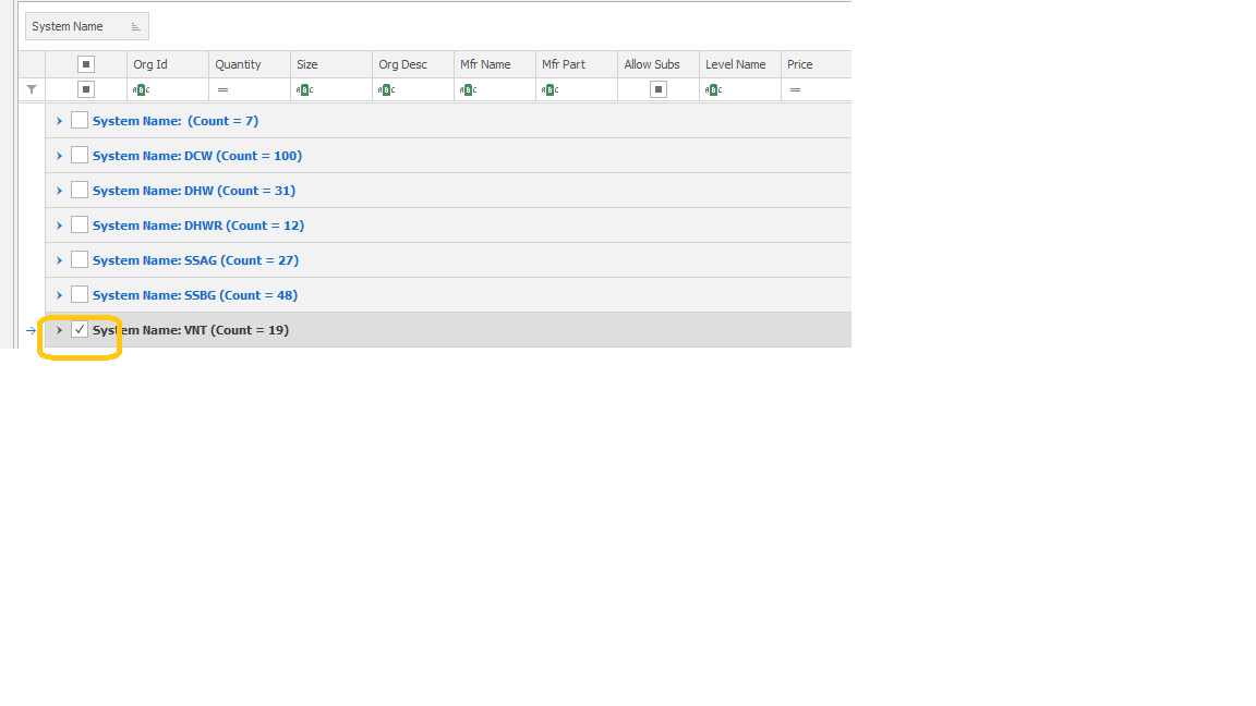 project browser with 1 system selected