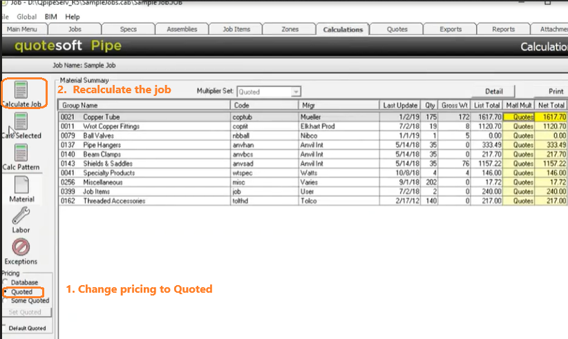 1 quotesoft calc job and quoted items USE